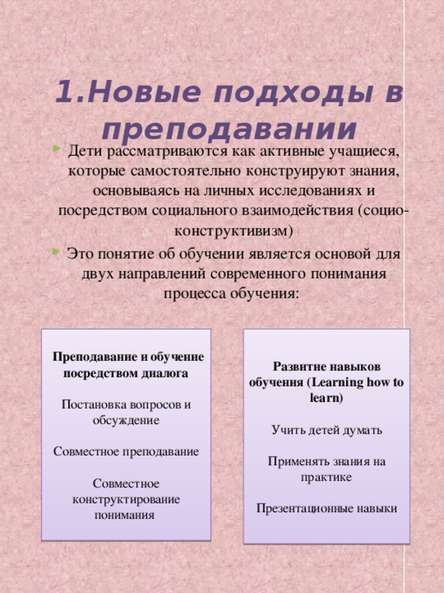 1.Новые подходы в преподавании   Дети рассматриваются как активные учащиеся, которые самостоятельно конструируют знания, основываясь на личных исследованиях и посредством социального взаимодействия (социо-конструктивизм) Это понятие об обучении является основой для двух направлений современного понимания процесса обучения: Развитие навыков обучения (Learning how to learn)   Преподавание и обучение посредством диалога   Учить детей думать Постановка вопросов и обсуждение     Совместное преподавание Применять знания на практике     Презентационные навыки Совместное конструктирование понимания