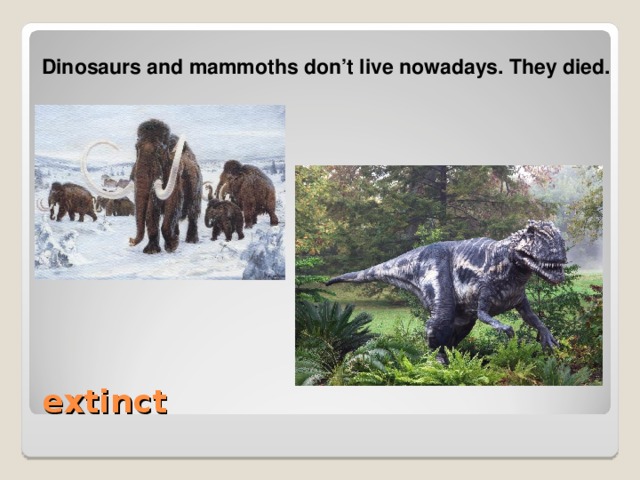 Dinosaurs and mammoths don’t live nowadays. They died.  Dinosaurs and mammoths don’t live nowadays. They died. extinct