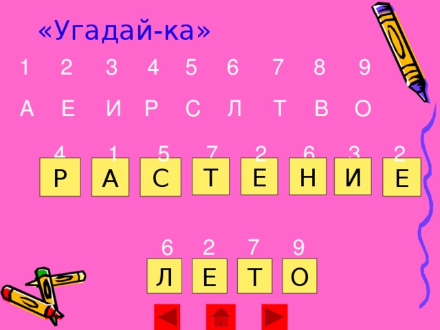 «Угадай-ка» 8 9 1 2 3 4 5 6 7 Р В Т С Е И А Л О 1 4 3 7 5 6 2 2 Е Р С Т И Н Е А 9 7 6 2 Л Е О Т