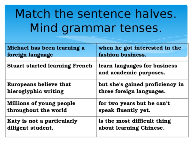 Match the sentence halves. Mind grammar tenses. Michael has been learning a foreign language when he got interested in the fashion business. Stuart started learning French learn languages for business and academic purposes. Europeans believe that hieroglyphic writing but she's gained proficiency in three foreign languages. Millions of young people throughout the world for two years but he can't speak fluently yet. Katy is not a particularly diligent student, is the most difficult thing about learning Chinese.