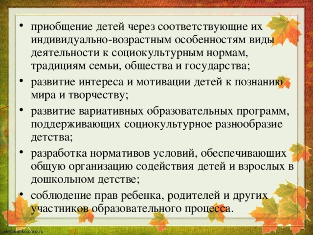 приобщение детей через соответствующие их индивидуально-возрастным особенностям виды деятельности к социокультурным нормам, традициям семьи, общества и государства; развитие интереса и мотивации детей к познанию мира и творчеству; развитие вариативных образовательных программ, поддерживающих социокультурное разнообразие детства; разработка нормативов условий, обеспечивающих общую организацию содействия детей и взрослых в дошкольном детстве; соблюдение прав ребенка, родителей и других участников образовательного процесса.