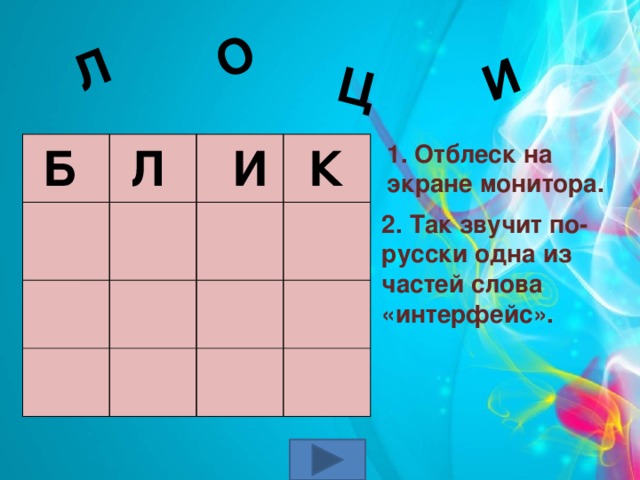 И Ц О Л 1. Отблеск на экране монитора.  Б Л И К 2. Так звучит по-русски одна из частей слова «интерфейс».