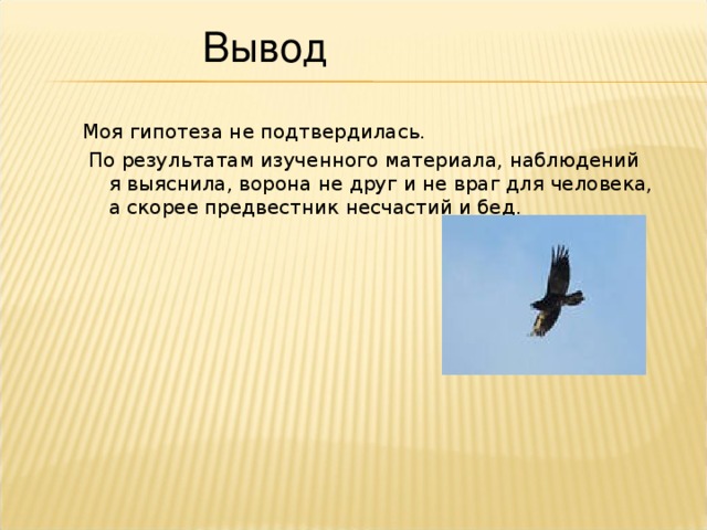 Вывод Моя гипотеза не подтвердилась.  По результатам изученного материала, наблюдений я выяснила, ворона не друг и не враг для человека, а скорее предвестник несчастий и бед.