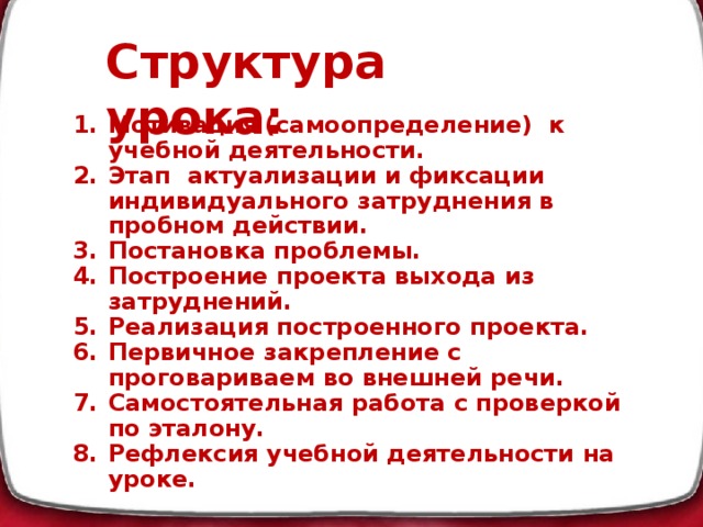 Структура урока:   Мотивация (самоопределение) к учебной деятельности. Этап актуализации и фиксации индивидуального затруднения в пробном действии. Постановка проблемы. Построение проекта выхода из затруднений. Реализация построенного проекта. Первичное закрепление с проговариваем во внешней речи. Самостоятельная работа с проверкой по эталону. Рефлексия учебной деятельности на уроке.