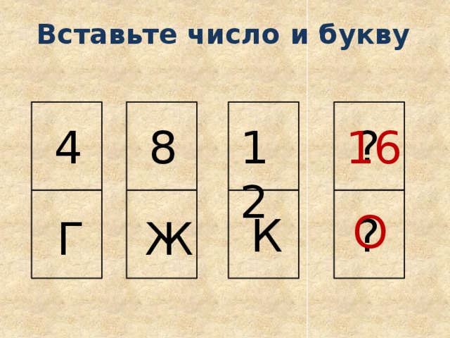 Вставьте число и букву 4 8 12 ? 16 О К ? Ж Г