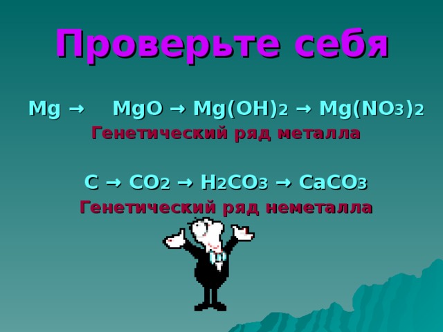 Проверьте себя Mg → MgO → Mg(OH) 2 → Mg(NO 3 ) 2 Генетический ряд металла C → CO 2 → H 2 CO 3 → CaCO 3 Генетический ряд неметалла
