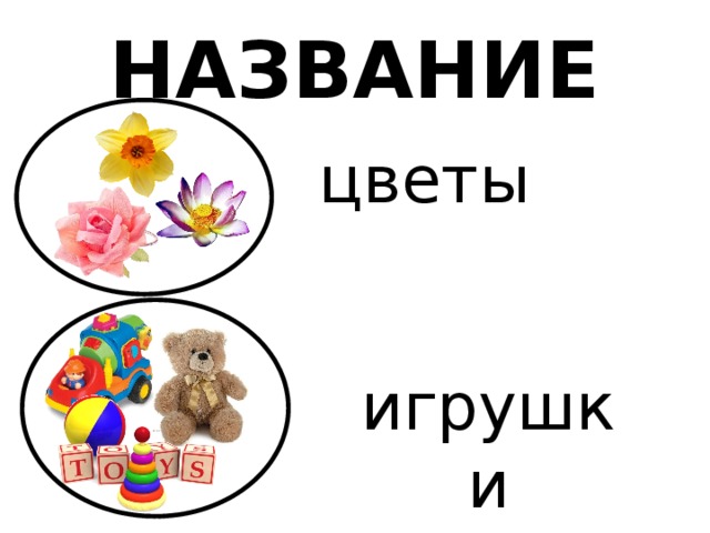 НАЗВАНИЕ цветы Что общего у всех предметов на картинке? По какому признаку объединены предметы? игрушки