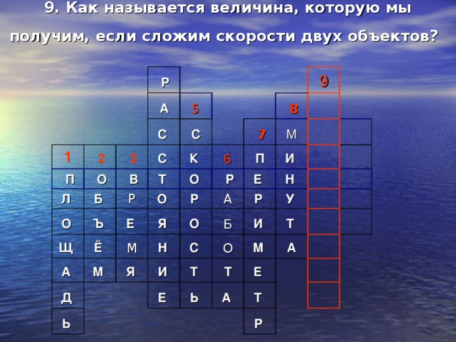 9. Как называется величина, которую мы получим, если сложим скорости двух объектов?  1   Р   2   П А Л  5 С    О   3 Б    В С О  С  Щ  К  Р Ъ    Т  А  Ё  9 О    8 6 О    7 Е  М    Р Я  Д  Р  П М М Н  Я  Ь  А О  И  Е  С    И  Б Н  Р  Т  О И  У  Е    Ь  Т    Т М  Е    А А    Т  Р 