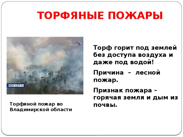 ТОРФЯНЫЕ ПОЖАРЫ Торф горит под землей без доступа воздуха и даже под водой! Причина – лесной пожар. Признак пожара – горячая земля и дым из почвы. Торфяной пожар во Владимирской области