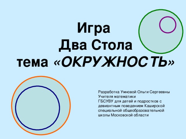 Игра  Два Стола  тема «ОКРУЖНОСТЬ» Разработка Умновой Ольги Сергеевны Учителя математики ГБСУВУ для детей и подростков с девиантным поведением Каширской специальной общеобразовательной школы Московской области