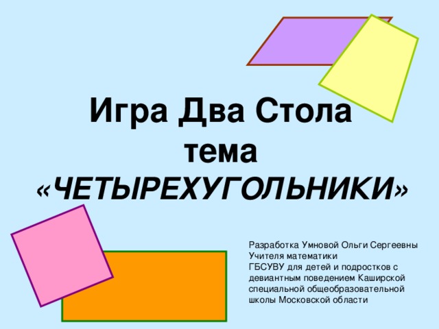 Игра Два Стола  тема «ЧЕТЫРЕХУГОЛЬНИКИ» Разработка Умновой Ольги Сергеевны Учителя математики ГБСУВУ для детей и подростков с девиантным поведением Каширской специальной общеобразовательной школы Московской области