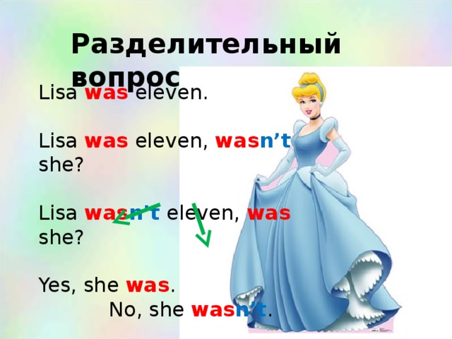 Разделительный вопрос Lisa was eleven. Lisa was eleven, was n’t she? Lisa was n’t eleven, was she? Yes, she was .  No, she was n’t .