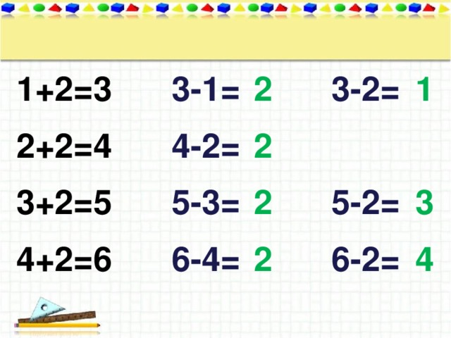 1+2=3 2 1 3-1= 3-2= 4-2= 2 2+2=4 3 2 5-2= 5-3= 3+2=5 6-2= 6-4= 2 4+2=6 4