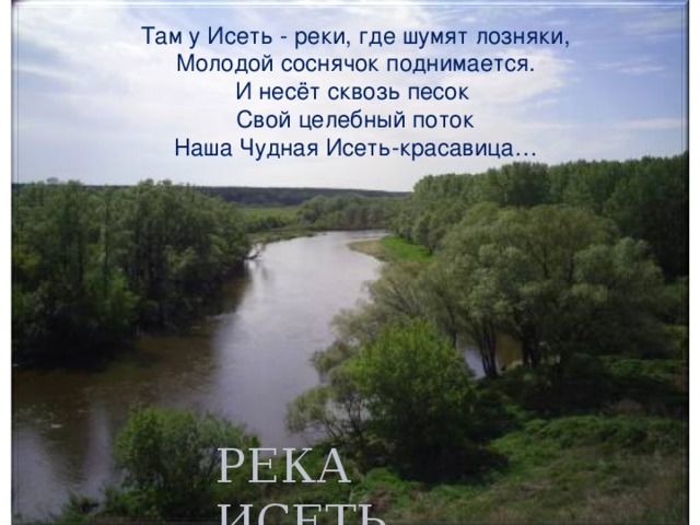 Там у Исеть - реки, где шумят лозняки,  Молодой соснячок поднимается. И несёт сквозь песок Свой целебный поток Наша Чудная Исеть-красавица… РЕКА ИСЕТЬ