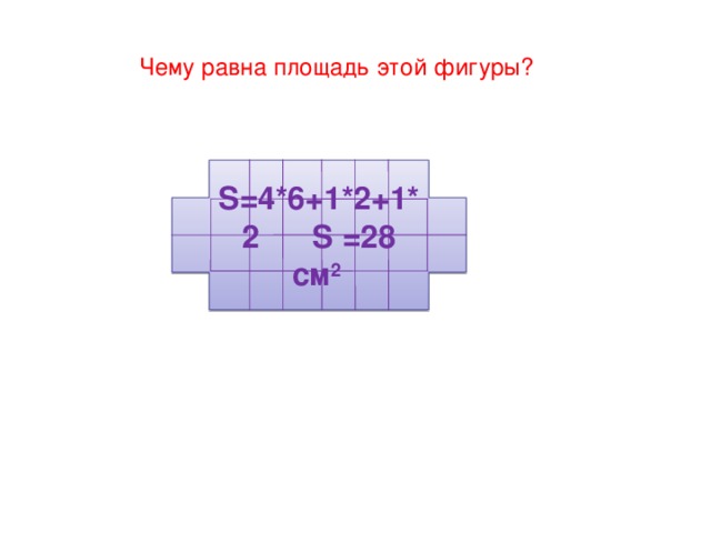 Чему равна площадь этой фигуры? S =4*6+1*2+1*2 S =28 см 2