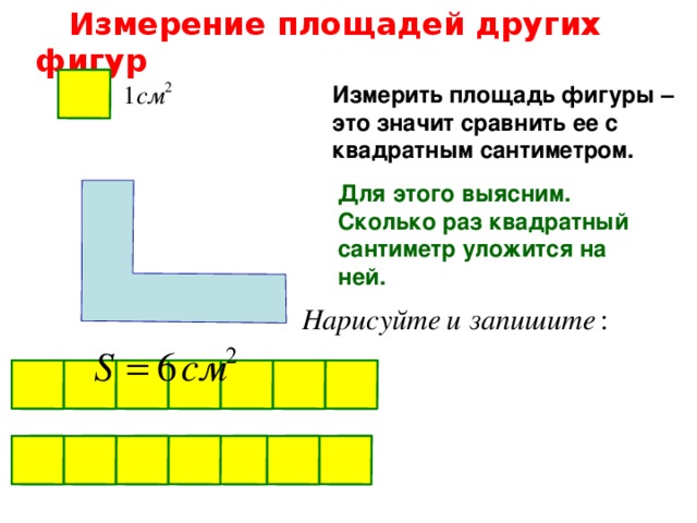 Измерение площадей других фигур Измерить площадь фигуры – это значит сравнить ее с квадратным сантиметром. Для этого выясним. Сколько раз квадратный сантиметр уложится на ней.