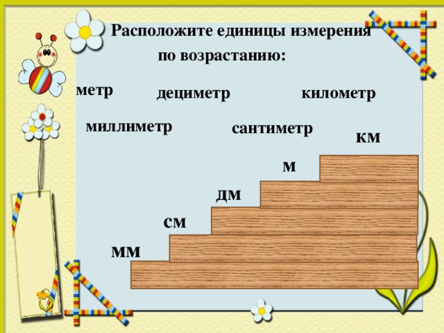 Расположите единицы измерения  по возрастанию: метр километр дециметр сантиметр миллиметр миллиметр км м дм см мм