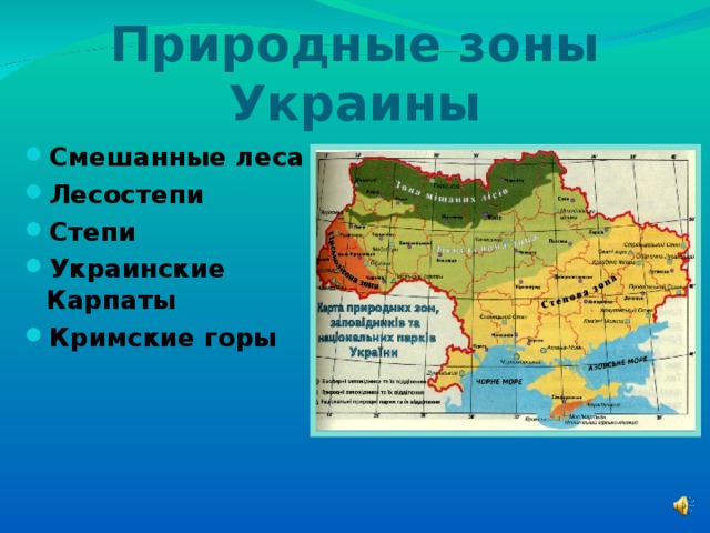 Природные зоны Украины Смешанные леса Лесостепи Степи Украинские Карпаты Кримские горы