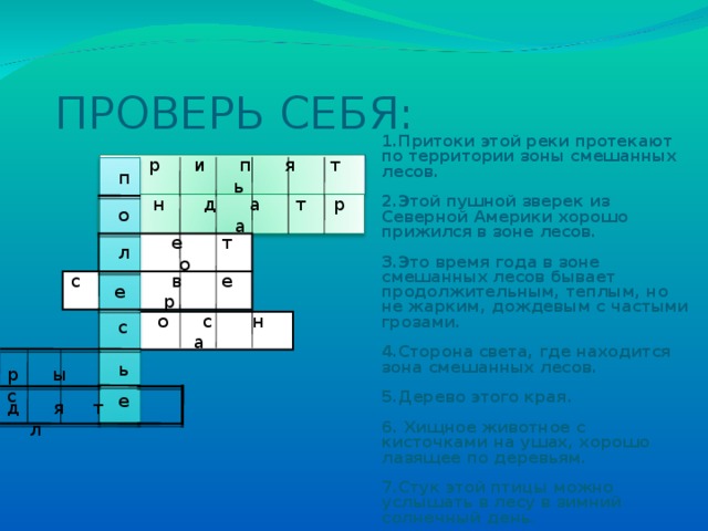 ПРОВЕРЬ СЕБЯ: 1.Притоки этой реки протекают по территории зоны смешанных лесов.  2.Этой пушной зверек из Северной Америки хорошо прижился в зоне лесов.  3.Это время года в зоне смешанных лесов бывает продолжительным, теплым, но не жарким, дождевым с частыми грозами.  4.Сторона света, где находится зона смешанных лесов.  5.Дерево этого края.  6. Хищное животное с кисточками на ушах, хорошо лазящее по деревьям.  7.Стук этой птицы можно услышать в лесу в зимний солнечный день.  р и п я т ь е п  н д а т р а о  е т о л с в е р  о с н а с ь р ы с е д я т л