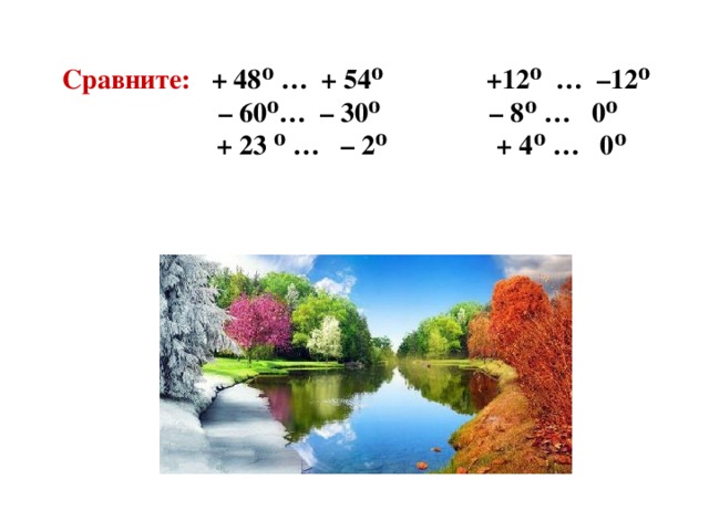 Сравните:  + 48⁰ … + 54⁰              +12⁰ … –12⁰                – 60⁰… – 30⁰              – 8⁰ …   0⁰                + 23 ⁰ … – 2⁰               + 4⁰ …   0⁰