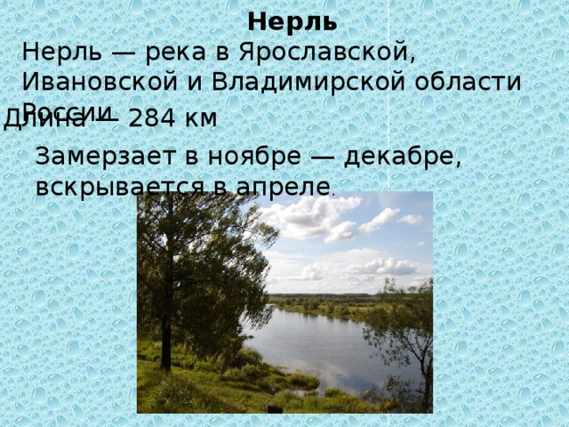 Нерль Нерль — река в Ярославской, Ивановской и Владимирской области России Длина — 284 км Замерзает в ноябре — декабре, вскрывается в апреле .