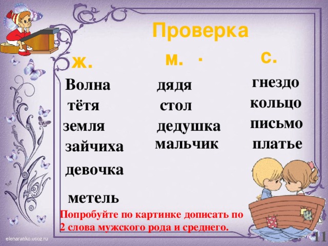 Проверка. с. м. ж. гнездо дядя Волна кольцо стол тётя письмо дедушка земля мальчик платье зайчиха девочка метель Попробуйте по картинке дописать по 2 слова мужского рода и среднего. 11