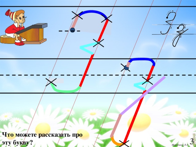 Каждый шаг алгоритма написания буквы запускается кликом мыши. Автор работы: Марабаева Л.А., учитель начальных классов ГОУ СОШ №1207 г. Москва Что можете рассказать про эту букву? 3 Марабаева Л.А .