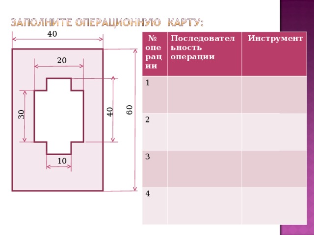 60 30 40 40 № операции 1 Последовательность операции 2  Инструмент 3 4 20 10