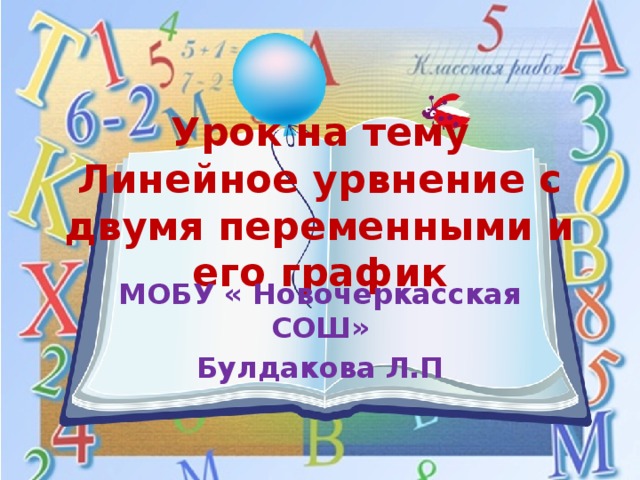 Урок на тему Линейное урвнение с двумя переменными и его график МОБУ « Новочеркасская СОШ» Булдакова Л.П