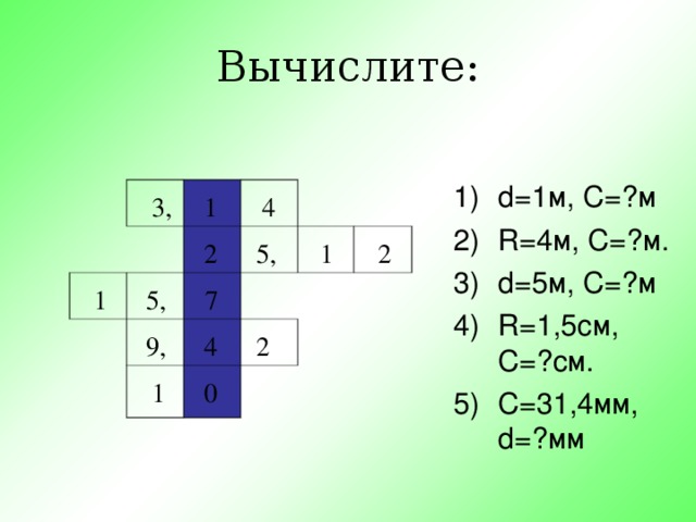 Вычислите: d=1 м, С=?м R=4 м, С=?м. d=5 м, С=?м R=1,5c м, С=?см. С=31,4мм, d =?мм 4 1 3, 1 2 5, 2 1 5, 7 9, 4 2 1 0