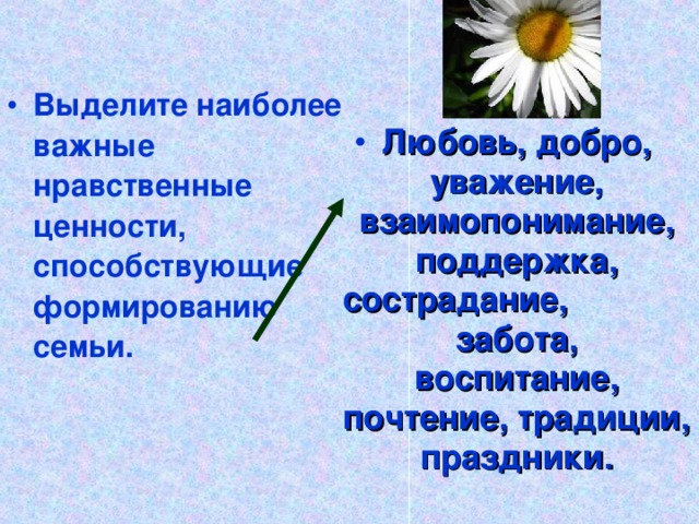 Выделите наиболее важные нравственные ценности, способствующие формированию семьи.  Любовь, добро, уважение, взаимопонимание, поддержка, сострадание, забота, воспитание, почтение, традиции, праздники.