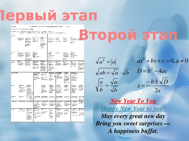 Первый этап Второй этап New Year To You Happy New Year to you!  May every great new day  Bring you sweet surprises —  A happiness buffet.