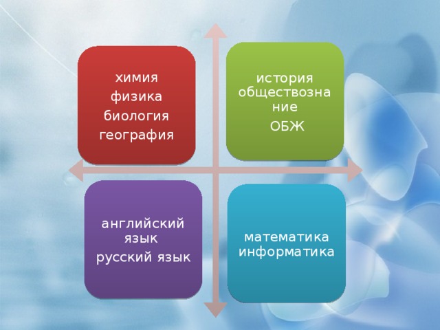 история обществознание  ОБЖ химия физика  биология география английский язык русский язык математика информатика