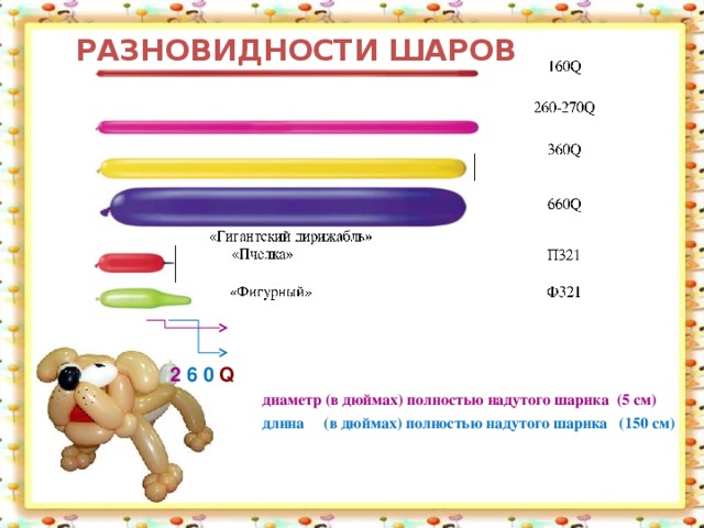 РАЗНОВИДНОСТИ ШАРОВ 2  6 0  Q  диаметр (в дюймах) полностью надутого шарика (5 см)  длина (в дюймах) полностью надутого шарика (150 см)