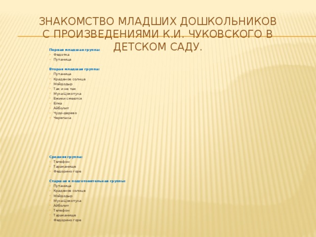 Знакомство младших дошкольников с произведениями К.И. Чуковского в детском саду.     Первая младшая группа: Федотка Путаница Вторая младшая группа: Путаница Краденое солнце Мойдодыр Так и не так Муха-Цокотуха Ежики смеются Елка Айболит Чудо-дерево Черепаха Средняя группа: Телефон Тараканище Федорино горе Старшая и подготовительная группы: