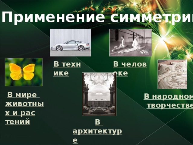 Применение симметрии В человеке В технике В мире животных и растений В народном творчестве В архитектуре