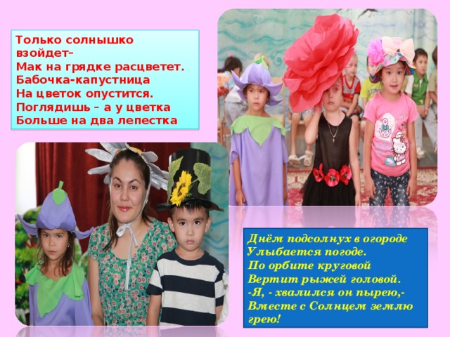 Только солнышко взойдет–   Мак на грядке расцветет.  Бабочка-капустница  На цветок опустится.  Поглядишь – а у цветка  Больше на два лепестка  Днём подсолнух в огороде  Улыбается погоде.  По орбите круговой  Вертит рыжей головой.  -Я, - хвалился он пырею,-  Вместе с Солнцем землю грею!