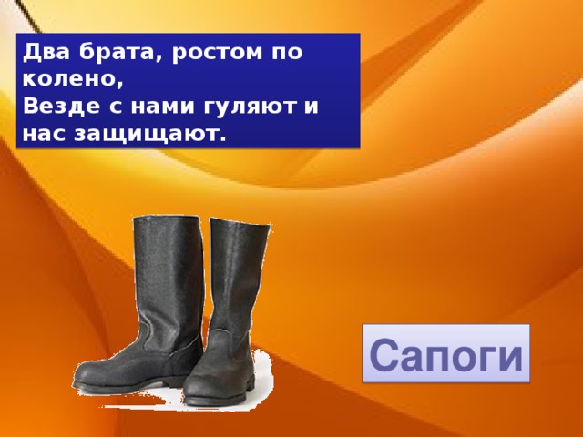 Два брата, ростом по колено, Везде с нами гуляют и нас защищают. Сапоги