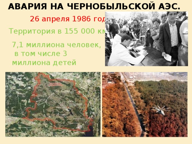 Авария на Чернобыльской АЭС. 26 апреля 1986 года Территория в 155 000 км 2  7,1 миллиона человек,  в том числе 3 миллиона детей