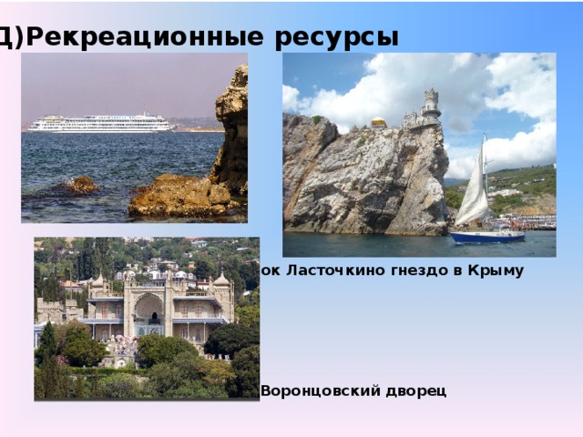 Д)Рекреационные ресурсы Замок Ласточкино гнездо в Крыму Воронцовский дворец