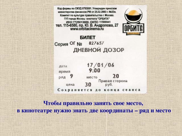 Чтобы правильно занять свое место,  в кинотеатре нужно знать две координаты – ряд и место