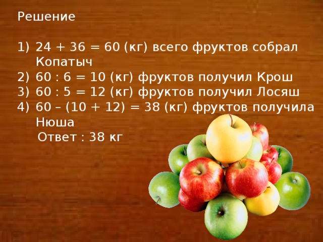 Решение 24 + 36 = 60 (кг) всего фруктов собрал Копатыч 60 : 6 = 10 (кг) фруктов получил Крош 60 : 5 = 12 (кг) фруктов получил Лосяш 60 – (10 + 12) = 38 (кг) фруктов получила Нюша  Ответ : 38 кг