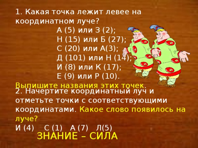 1. Какая точка лежит левее на координатном луче?  А (5) или З (2);  Н (15) или Б (27);  С (20) или А(3);  Д (101) или Н (14);  И (8) или К (17);  Е (9) или Р (10). Выпишите названия этих точек . 2. Начертите координатный луч и отметьте точки с соответствующими координатами. Какое слово появилось на луче? И (4) С (1) А (7) Л(5) ЗНАНИЕ – СИЛА