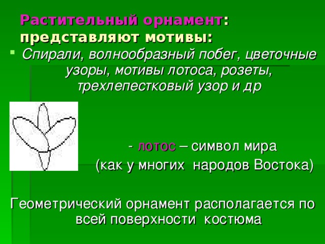 Растительный орнамент :  представляют мотивы: Спирали, волнообразный побег, цветочные узоры, мотивы лотоса, розеты, трехлепестковый узор и др   - лотос – символ мира  (как у многих народов Востока) Геометрический орнамент располагается по всей поверхности костюма