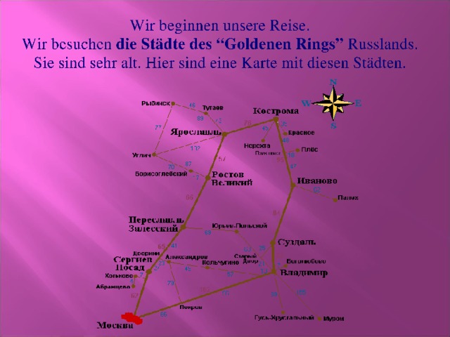 Wir besuchen die Städte des “Goldenen Rings” Russlands. Sie sind sehr alt. Hier sind eine Karte mit diesen Städten.