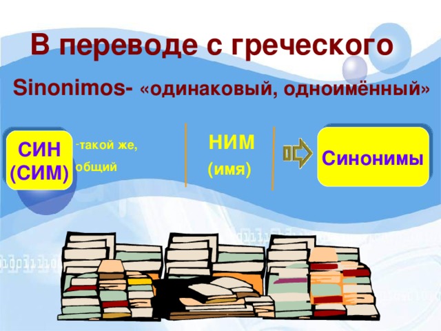 В переводе с греческого Sinonimos- «одинаковый, одноимённый» Синонимы  НИМ СИН (СИМ) такой же, общий (имя)