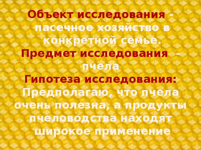 Объект исследования  -  пасечное хозяйство в  конкретной семье.  Предмет исследования   - пчела  Гипотеза исследования:  Предполагаю, что пчела очень полезна, а продукты пчеловодства находят  широкое применение