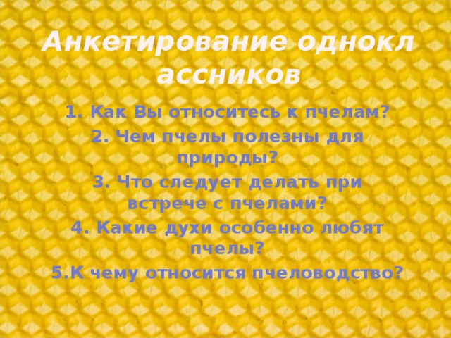 Анкетирование одноклассников 1. Как Вы относитесь к пчелам? 2. Чем пчелы полезны для природы? 3. Что следует делать при встрече с пчелами? 4. Какие духи особенно любят пчелы? 5.К чему относится пчеловодство?