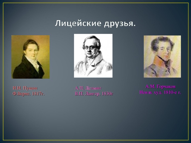 А.М. Горчаков  Неизв. худ. 1810-е г.  А.П. Дельвиг  В.П. Лангер. 1830г И.И. Пущин Ф.Верне. 1817г.
