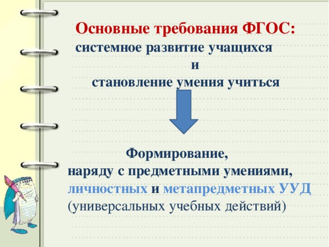 Основные требования ФГОС: системное развитие учащихся  и становление умения учиться  Формирование, наряду с предметными умениями, личностных  и  метапредметных УУД (универсальных учебных действий)